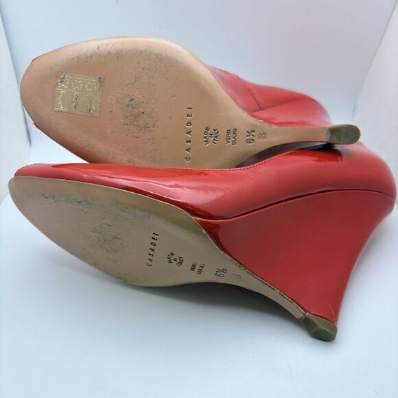 Casadei Red Blade Patent Leather Peep Toe Wedges 6.5 Made In Italy 4 INCH Heel - Picture 8 of 8